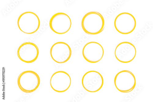 Soft yellow glowing halo circle features smooth gradient blur on white background. Minimal abstract light ring for highlights and overlays. High quality isolated vector illustration.
