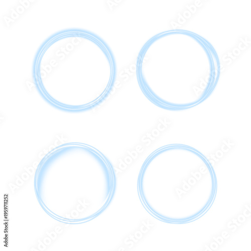 Glowing blue neon circle creates vibrant luminous ring with smooth gradient light. Futuristic design adds depth and digital energy. Isolated PNG element perfect for overlays and modern visuals.