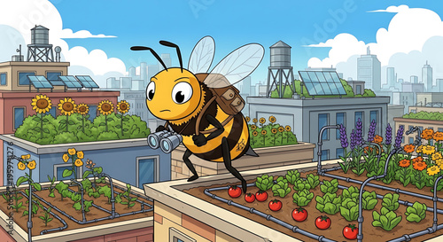 A cartoon bee photographer stands on a rooftop garden, capturing the beauty of urban agriculture with a camera.
