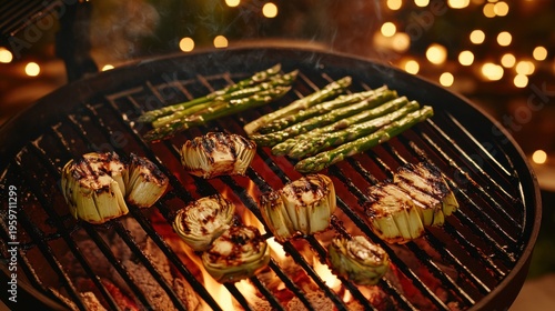 Grilled Artichokes and Asparagus on Barbecue Grill