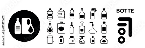 packaging bottle vector collection, assorted container illustrations for cosmetic drink and product design projects, modern minimal style with scalable editable lines, suitable for branding, labels.