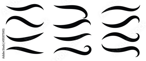 Swoosh line vector, underline swish, stroke swash swirl, curved hand drawn text calligraphic brush tail, black fireworks icon set. illustration in eps 10 on white background.