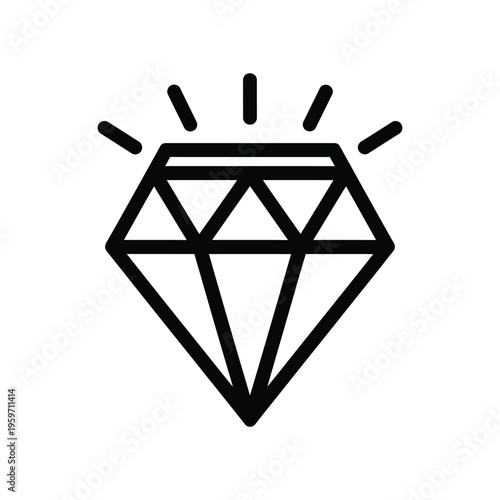 Minimalist black and white diamond icon with sparkle lines representing luxury, premium quality, and brilliance for branding and web design.