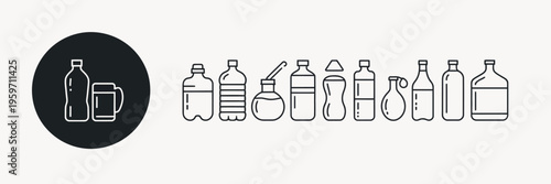 bottle container packaging collection, vector illustration set for cosmetic beverage and product design needs, minimal modern line art with scalable editable strokes, ideal for branding, labels.