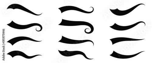 Set of different baseball swoosh tails, swoosh waves for text vector elements. In black color. Isolated on white background. eps10.
