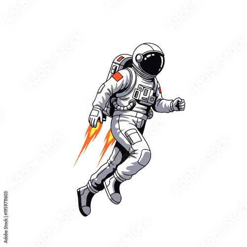 Vector flat design illustration of an astronaut wearing a white spacesuit with orange accents, running with flame effects, against a clean white background.