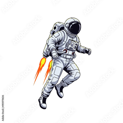 Vector flat design illustration of an astronaut wearing a spacesuit and running with a rocket propulsion pack on a white background.