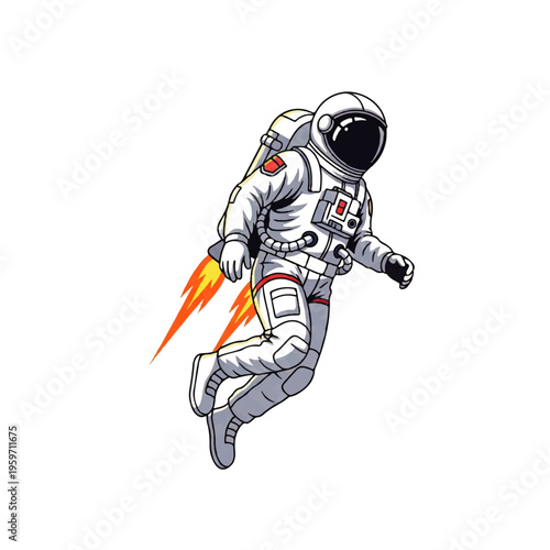 Vector flat design illustration of an astronaut wearing a white spacesuit with a jetpack, flying through space with orange flames, against a clean white background.