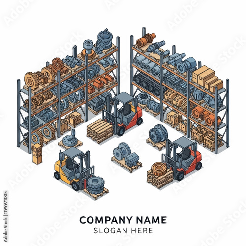 Isometric illustration of a warehouse interior filled with industrial parts and forklifts, showcasing organized storage and logistics.