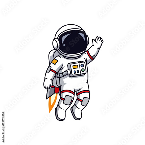 Vector flat design illustration of an astronaut waving with a solid white background.
