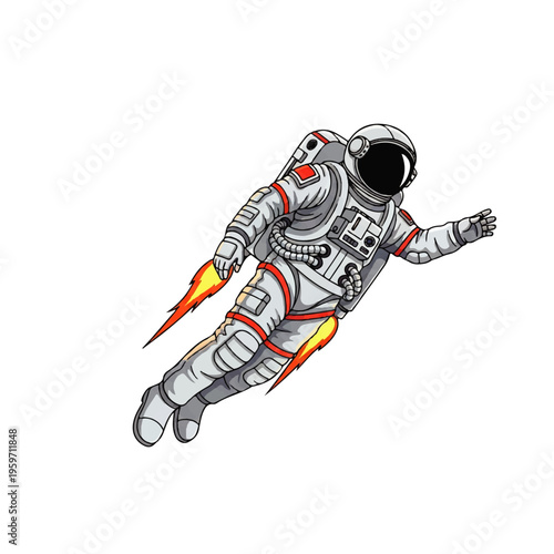 Vector flat design illustration of an astronaut wearing a white spacesuit with red accents, floating in space with rocket propulsion, against a clean white background.