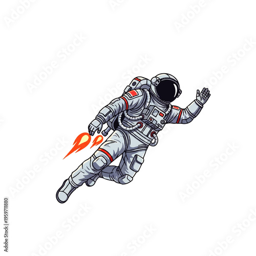 Vector flat design illustration of an astronaut in a spacesuit with a rocket flame, depicted in a dynamic pose against a clean white background.