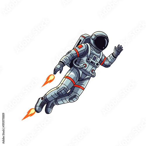 Vector flat design illustration of an astronaut wearing a space suit with orange accents and jetpack, floating in mid-air with a plain white background.