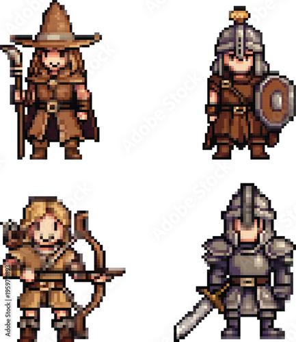 Pixel heroes for games, warrior, archer, mage