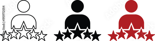 Customer review rating icons with five stars and person silhouette, user feedback and reputation symbols, red and black vector set