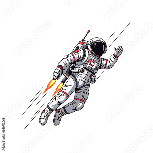 Vector flat design illustration of an astronaut wearing a white spacesuit with red accents, holding a rocket pack, flying through space with motion lines on a white background.
