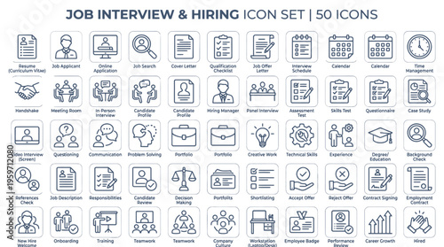 A comprehensive set of job interview and hiring icons on a transparent background