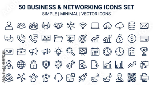 A set of simple and minimal vector icons for business and networking on a transparent background