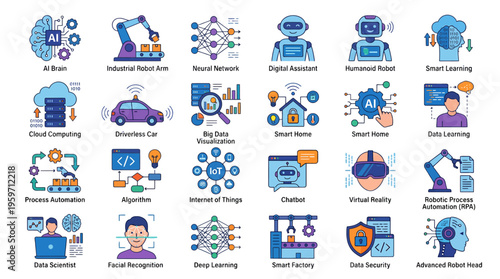 A collection of various technology and artificial intelligence related icons and graphics on a transparent background