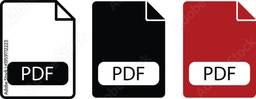 PDF file format icon set, digital document extension symbols in black and red, flat vector collection for web interface and office software