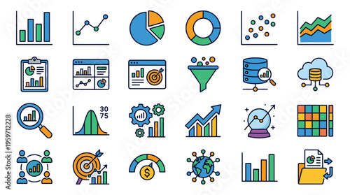 A collection of colorful data analysis and business icons on a transparent background