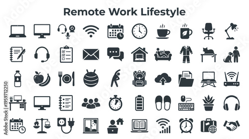A collection of various icons representing a remote work lifestyle on a transparent background