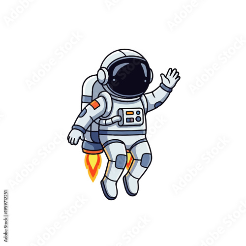 Vector flat design illustration of an astronaut in a spacesuit with a jetpack, waving and floating against a clean white background.