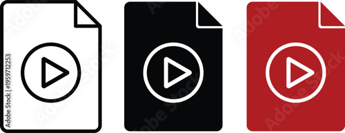Minimalist video file icons set, digital media play button document symbols, flat vector multimedia format graphics in black and red