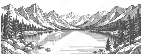 Mountain lake landscape with snowy peaks and pine forest