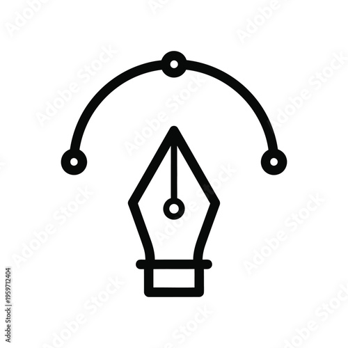 Minimalist black line icon of a fountain pen nib and Bezier curve representing digital illustration, graphic design software, and creative vector editing tools for professional artists.