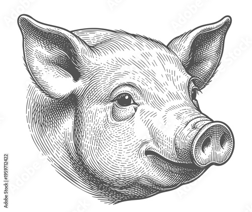 Pig head, detailed farm animal portrait in etching style