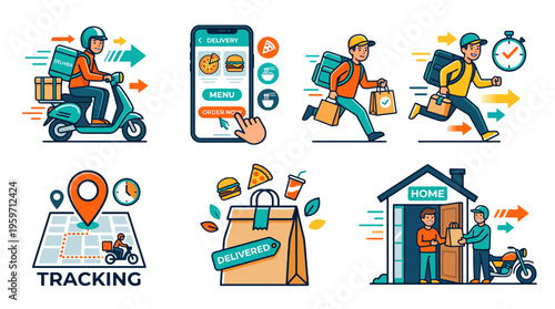 A vibrant illustration of food delivery services with various scenes of riders, tracking, and home delivery