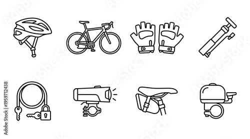 Minimalist cycling gear icons set, clean black-and-white bike safety essentials illustration