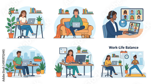 A diverse group of people working remotely in various home office settings with laptops and plants