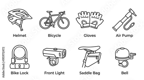 Minimalist cycling gear icons set, clean black-and-white bike safety essentials illustration