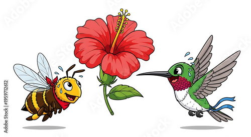 A colorful illustration of a bee and a hummingbird approaching a hibiscus flower