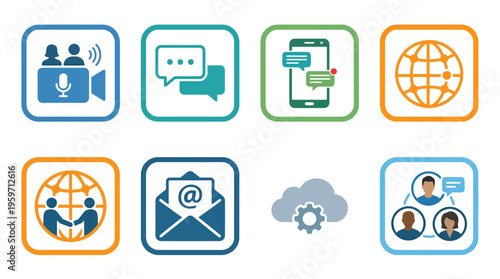 A collection of colorful icons representing various digital communication and technology concepts on a transparent background