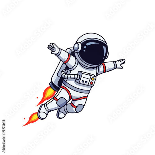 Vector flat design illustration of an astronaut in a spacesuit with a rocket pack flying against a clean white background.