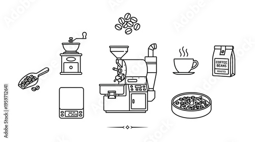 Minimalist coffee preparation icons set, clean black-and-white brewing essentials illustration