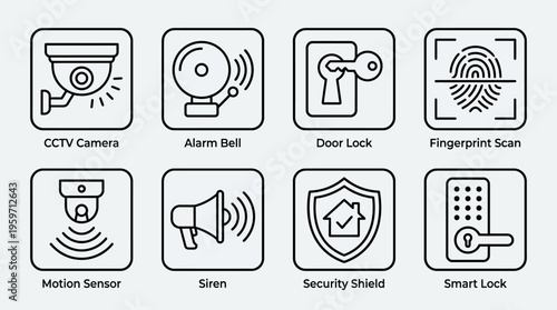 Minimalist security system icons set, clean black-and-white surveillance essentials illustration