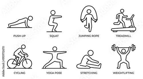 Minimalist fitness exercise icons set, clean black-and-white workout essentials illustration