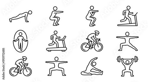 Minimalist fitness exercise icons set, clean black-and-white workout essentials illustration