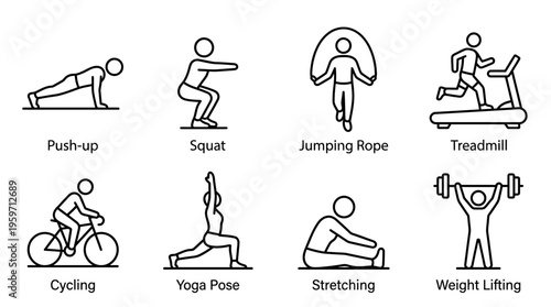 Minimalist fitness exercise icons set, clean black-and-white workout essentials illustration