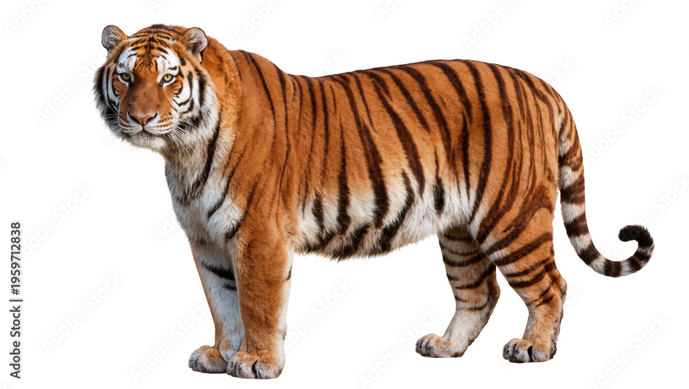 Fototapeta premium Majestic striped tiger standing elegantly, powerful predator with intense gaze, wildlife portrait