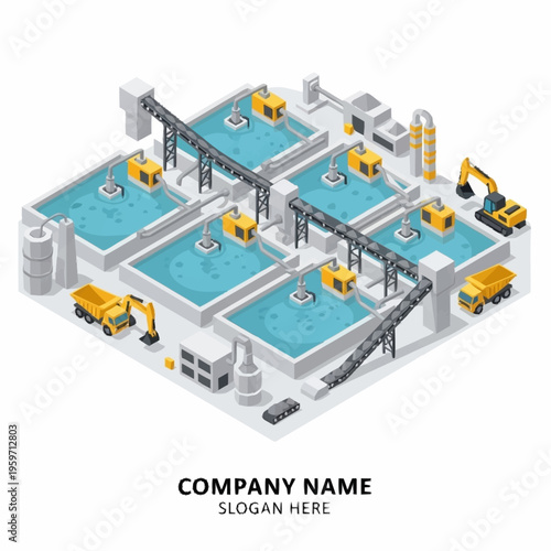 Isometric illustration of a modern industrial water treatment plant with multiple processing units and heavy machinery.