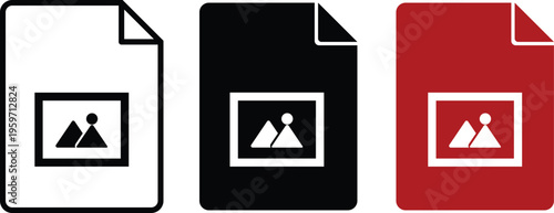 Minimalist image file icons in vector format, digital photo document symbols, set of 3 graphic file types in black and red colors