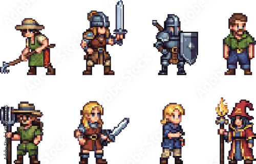 Pixel character pack for the game: farmer, warrior, wizard, guardian, villager