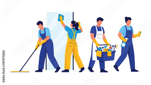 Cleaning Crew in Action: A group of dedicated cleaning professionals diligently work together, equipped with their tools, to create a spotless environment, showcasing precision and teamwork.