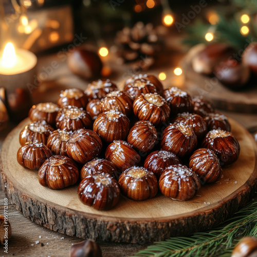 A pile of nuts on a wooden board.