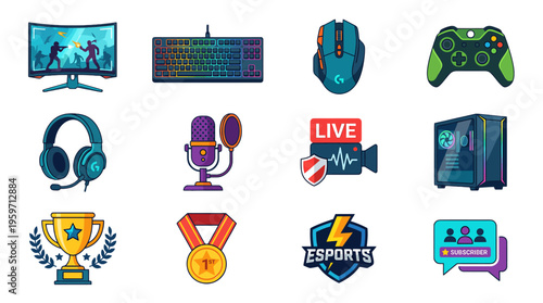 A collection of vibrant gaming icons on a sleek transparent background